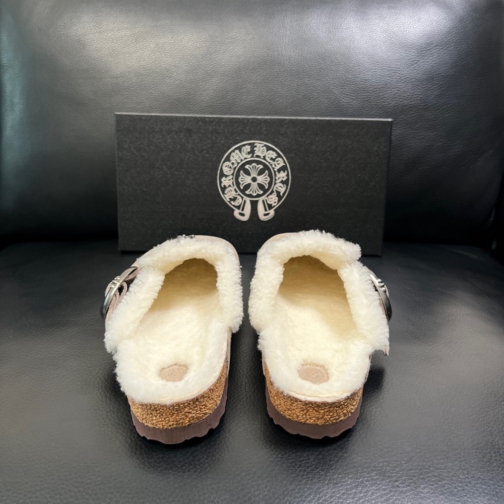 Chrome Hearts Cream Suede Shearling Clogs with Silver Buckle - Picture 8 of 9
